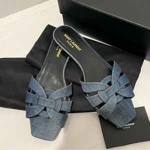 Brand New! YSL Saint Laurent Deep Denim Tribute Mule Flats Size 39.5